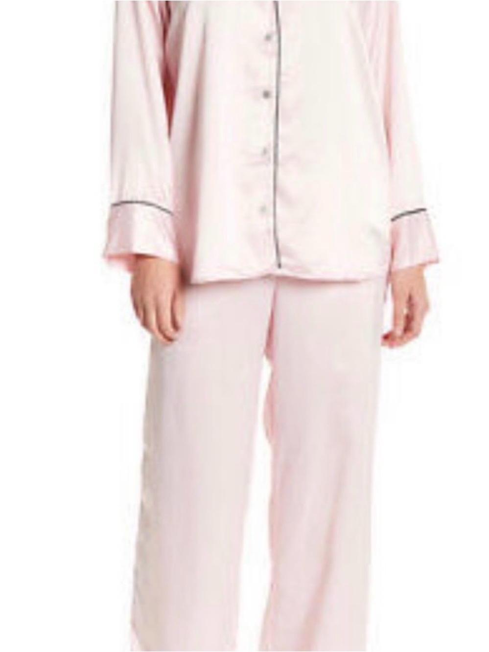 Natori Satin Pajama Set in Light Blush with Black Piping
